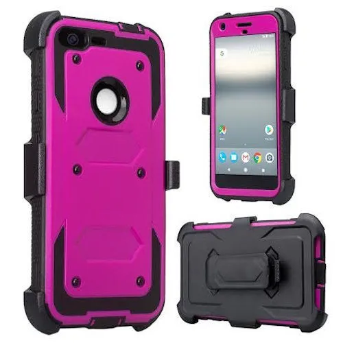 Google Pixel XL Case, Triple Protection 3-in-1 Shockproof Armor Holster Shell Combo Case w/ Built in Screen Protector for Google Pixel XL - Purple