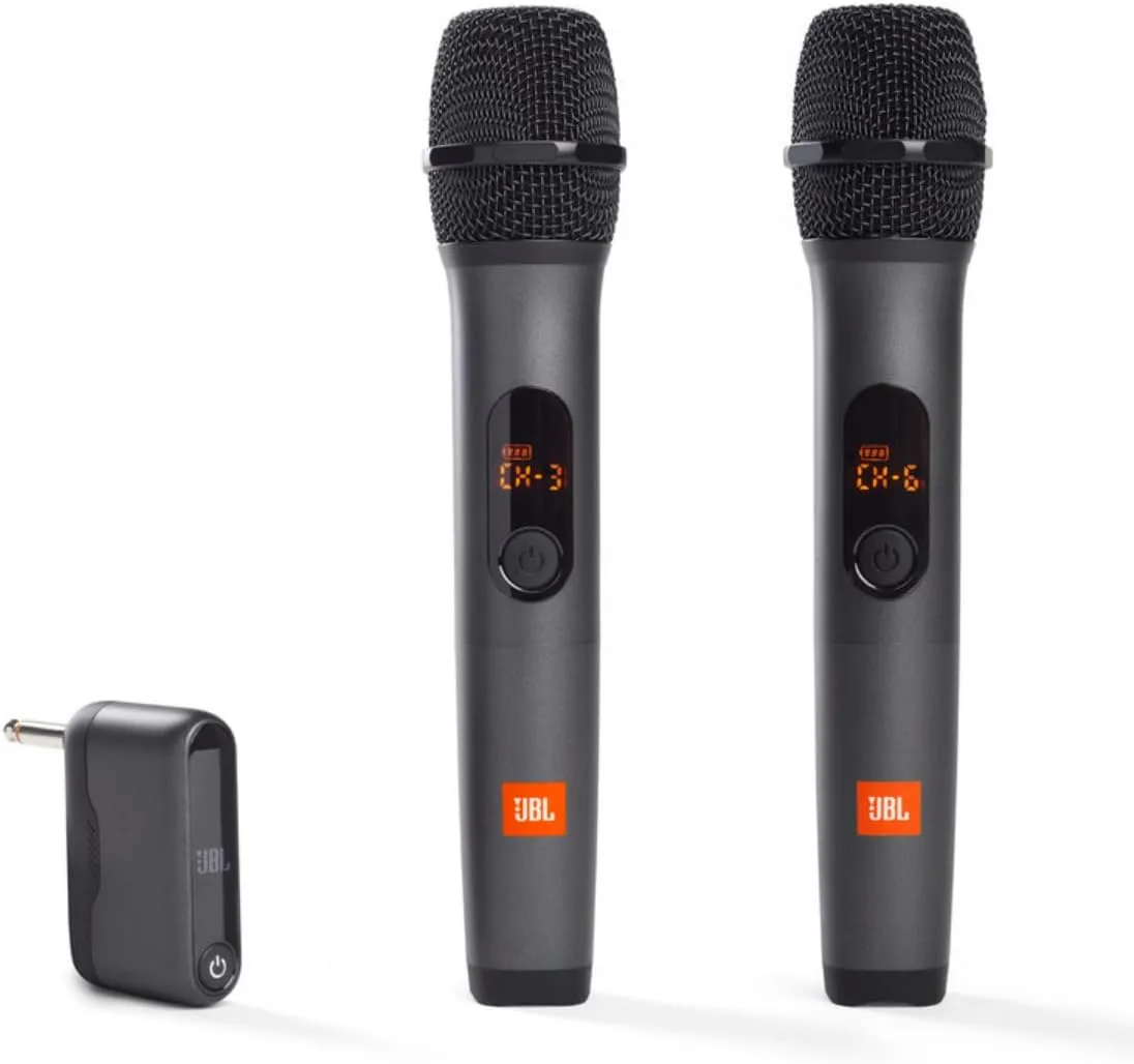 JBL Wireless 2 Microphone System, High Vocal Quality, Rechargeable UHF Dual Channel Wireless Receiver, 6H of Playtime, Plug and Play, Replaceable AA Batteries - Black, JBLWIRELESSMIC, Bluetooth