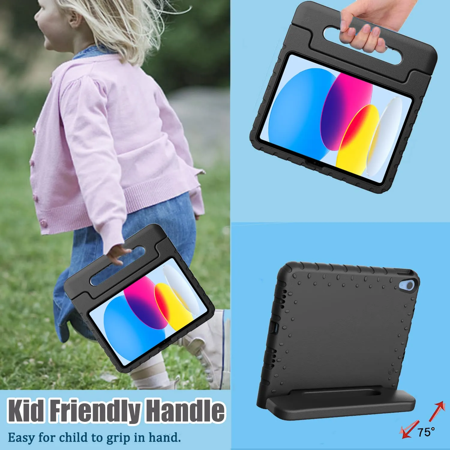Kids Case for iPad 10 (10.9-Inch, 2022 Model, 10th Generation)| Shockproof Full-Body Handle Stand Tablet Protective Cover |Black