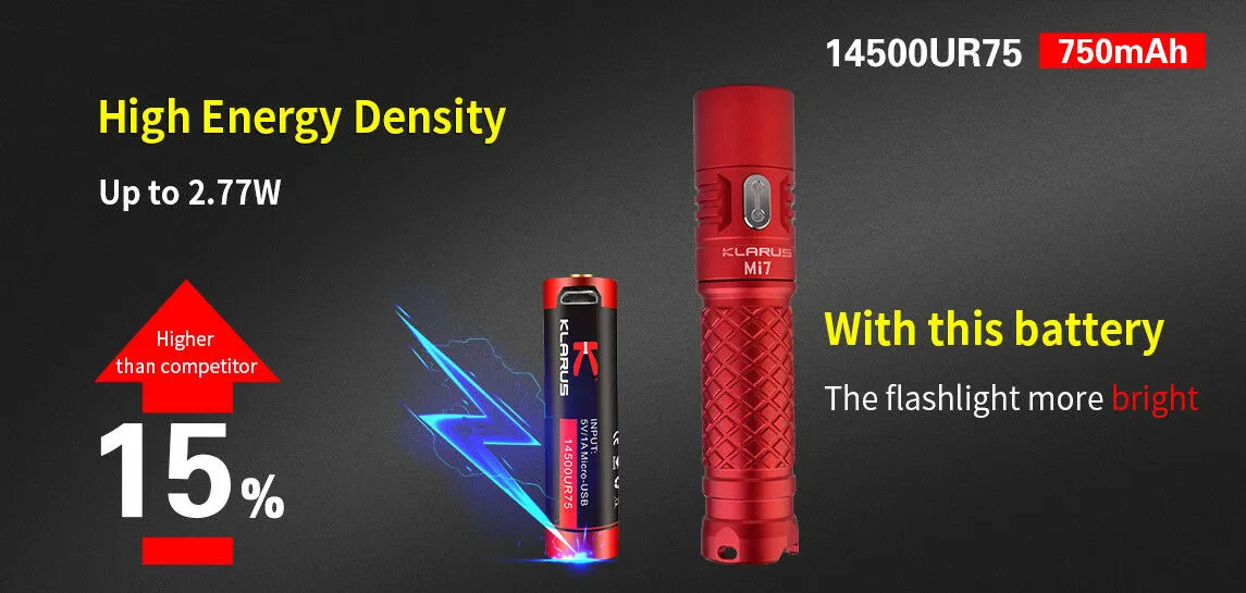 Klarus 14500UR75 Battery - 3.7V 750mAh Rechargeable Li-ion - Button-Top