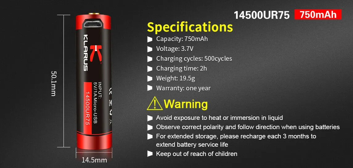 Klarus 14500UR75 Battery - 3.7V 750mAh Rechargeable Li-ion - Button-Top