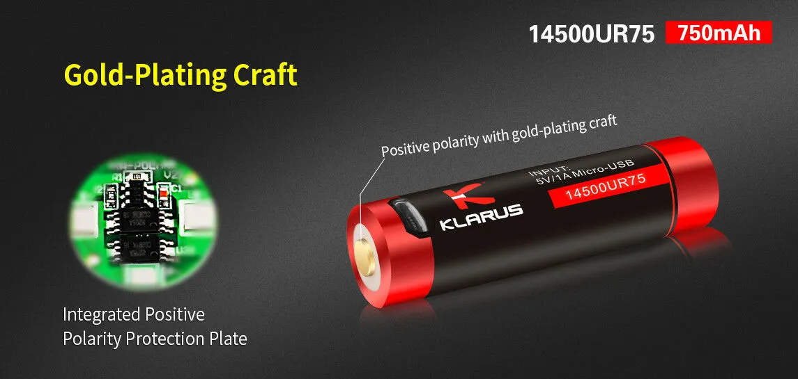 Klarus 14500UR75 Battery - 3.7V 750mAh Rechargeable Li-ion - Button-Top
