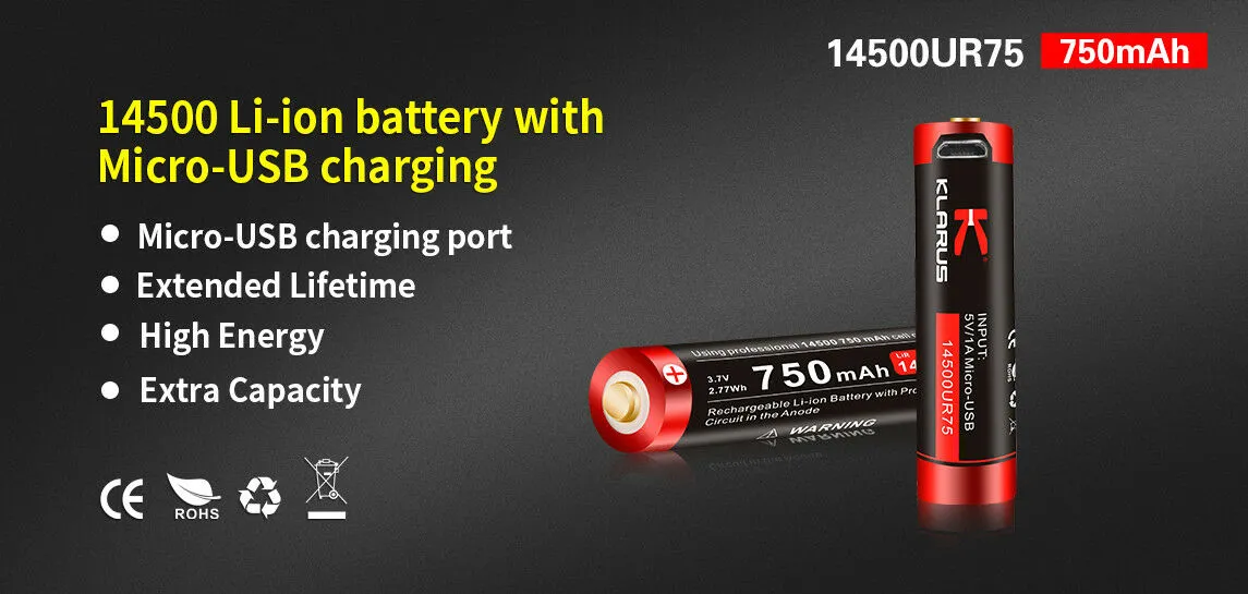 Klarus 14500UR75 Battery - 3.7V 750mAh Rechargeable Li-ion - Button-Top