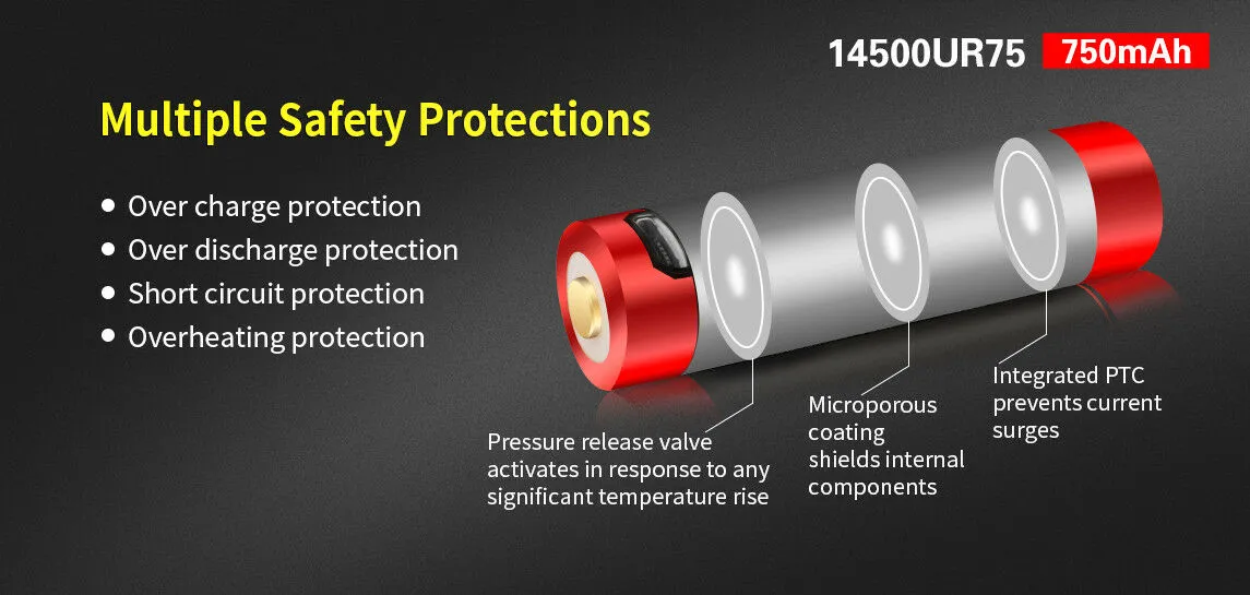 Klarus 14500UR75 Battery - 3.7V 750mAh Rechargeable Li-ion - Button-Top