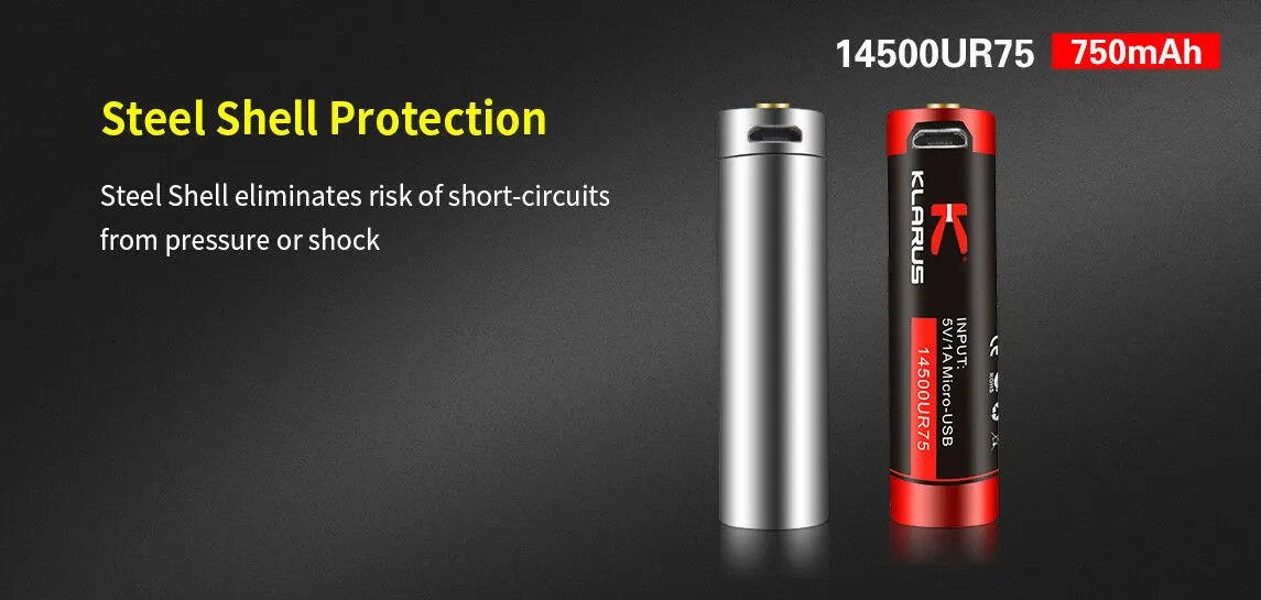 Klarus 14500UR75 Battery - 3.7V 750mAh Rechargeable Li-ion - Button-Top