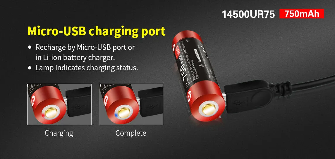 Klarus 14500UR75 Battery - 3.7V 750mAh Rechargeable Li-ion - Button-Top