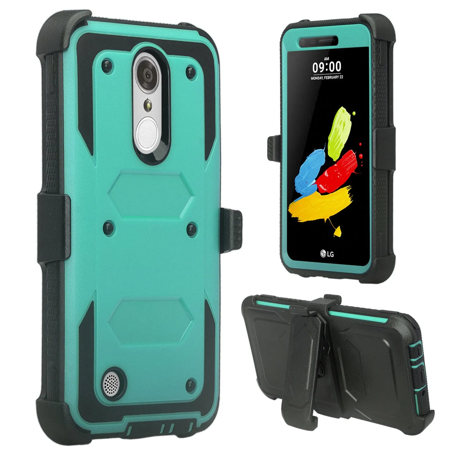 LG Aristo Case, K4 2017, K8 2017, Risio 2, Phoenix 3, Fortune, Triple Protection 3-1 w/ Built in Screen Protector Heavy Duty Holster Shell Combo Case - Teal