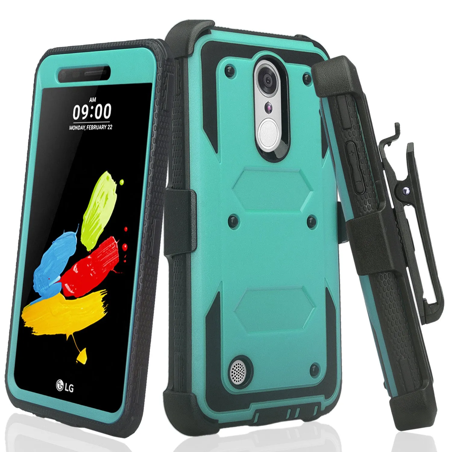 LG Aristo Case, K4 2017, K8 2017, Risio 2, Phoenix 3, Fortune, Triple Protection 3-1 w/ Built in Screen Protector Heavy Duty Holster Shell Combo Case - Teal