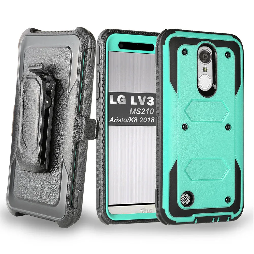 LG Aristo Case, K4 2017, K8 2017, Risio 2, Phoenix 3, Fortune, Triple Protection 3-1 w/ Built in Screen Protector Heavy Duty Holster Shell Combo Case - Teal