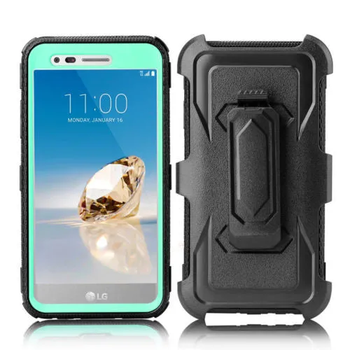 LG Aristo Case, K4 2017, K8 2017, Risio 2, Phoenix 3, Fortune, Triple Protection 3-1 w/ Built in Screen Protector Heavy Duty Holster Shell Combo Case - Teal