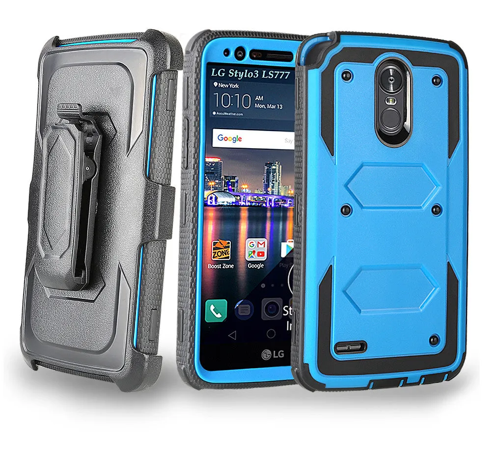 LG Stylo 3 Case, LG Stylo 3 Plus Case, Triple Protection 3-1 w/ Built in Screen Protector Heavy Duty Holster Shell Combo Case for LG Stylo 3 - Blue