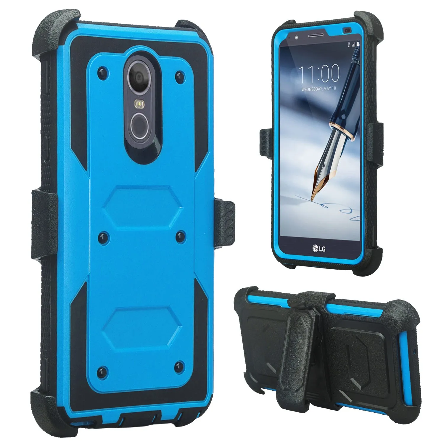 LG Stylo 4 Case, Stylo 4 Plus, Q Stylus Triple Protection 3-1 w/ Built in Screen Protector Heavy Duty Holster Shell Combo Case - Blue