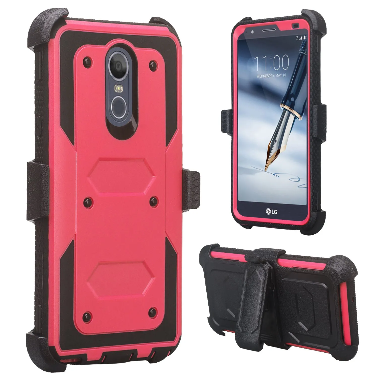 LG Stylo 4 Case, Stylo 4 Plus, Q Stylus Triple Protection 3-1 w/ Built in Screen Protector Heavy Duty Holster Shell Combo Case - Hot Pink