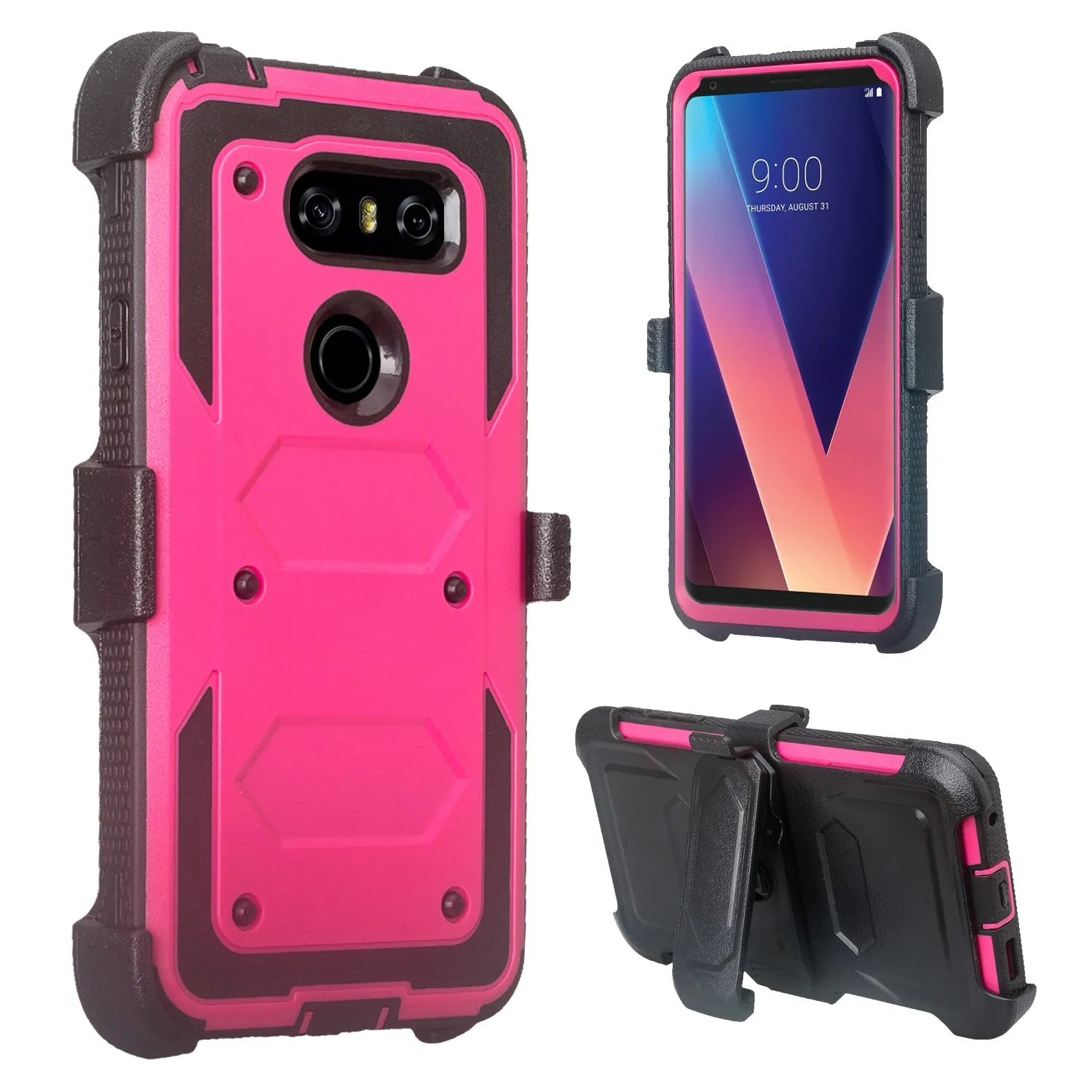LG V30 Case, V30 Plus, Triple Protection [ Built in Screen Protector ] Heavy Duty Holster Shell Combo Clip Cover - Hot Pink