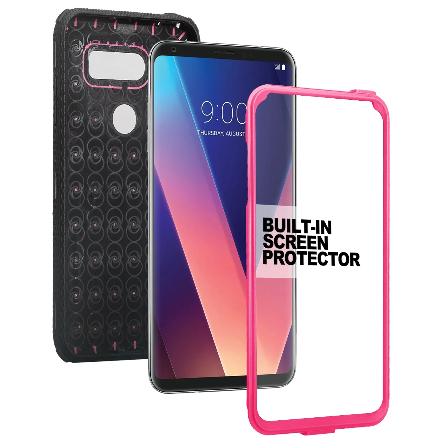LG V30 Case, V30 Plus, Triple Protection [ Built in Screen Protector ] Heavy Duty Holster Shell Combo Clip Cover - Hot Pink