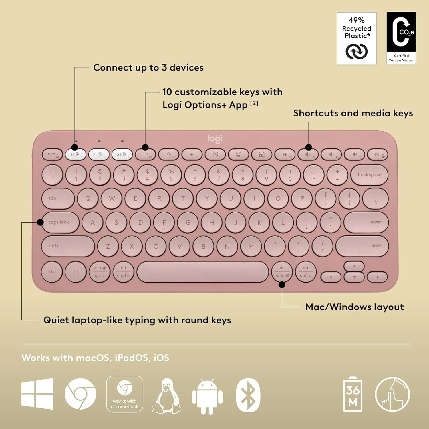 Logitech Pebble Keys 2 K380s Multi-Device Bluetooth Keyboard, Slim & Portable, Customizable Shortcuts, Easy-Switch for Windows/macOS/iPadOS/Android/Chrome OS, QWERTY UK Layout - Rose