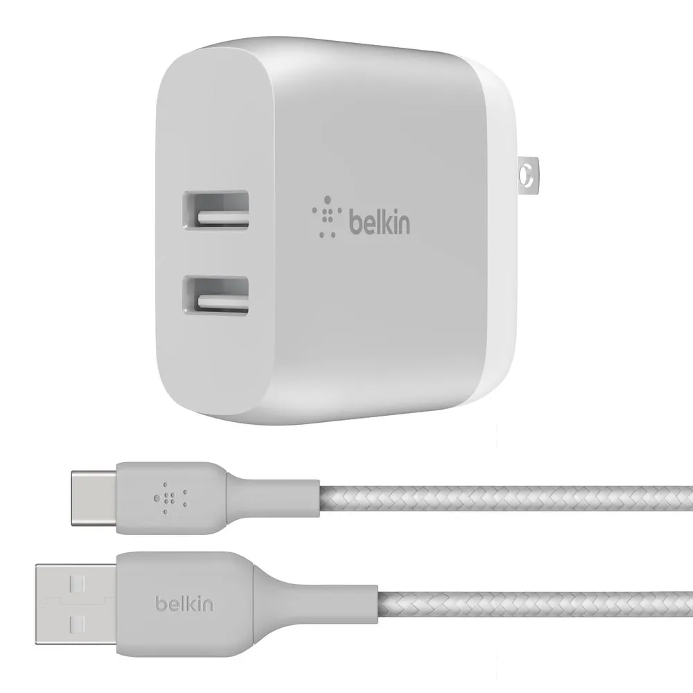 modern 24W Dual Port USB Wall Charger - USB C Cable Included - iPhone Charger Fast Charging - USB Charger Block for iPhone 15 series Devices, Samsung Galaxy S20, Samsung Note, Google Pixel & more