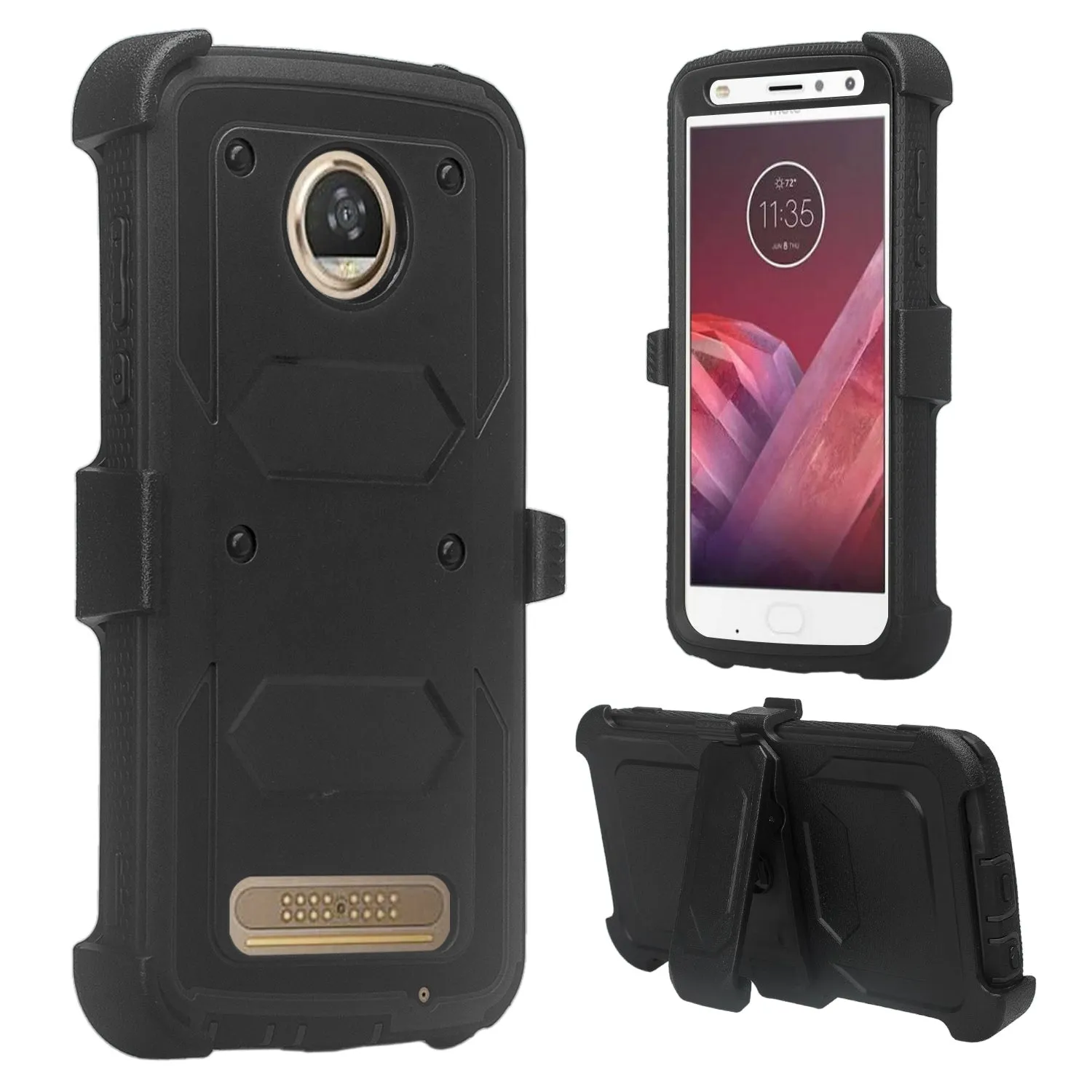 Motorola Moto Z2 Play Case,  Triple Protection 3-1 w/ Built in Screen Protector Heavy Duty Holster Shell Combo Case - Black