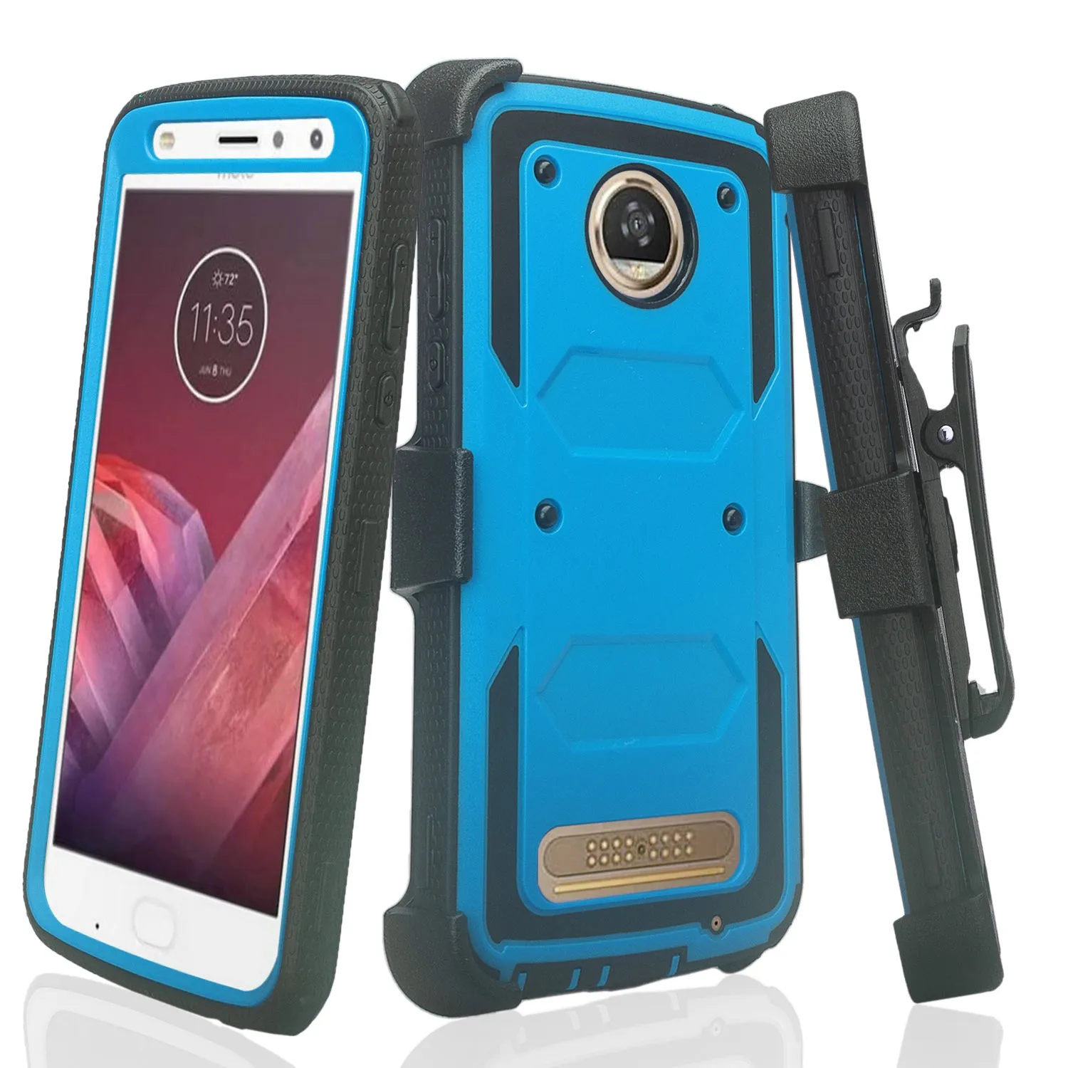 Motorola Moto Z2 Play Case,  Triple Protection 3-1 w/ Built in Screen Protector Heavy Duty Holster Shell Combo Case - Blue