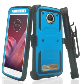 Motorola Moto Z2 Play Case,  Triple Protection 3-1 w/ Built in Screen Protector Heavy Duty Holster Shell Combo Case - Blue