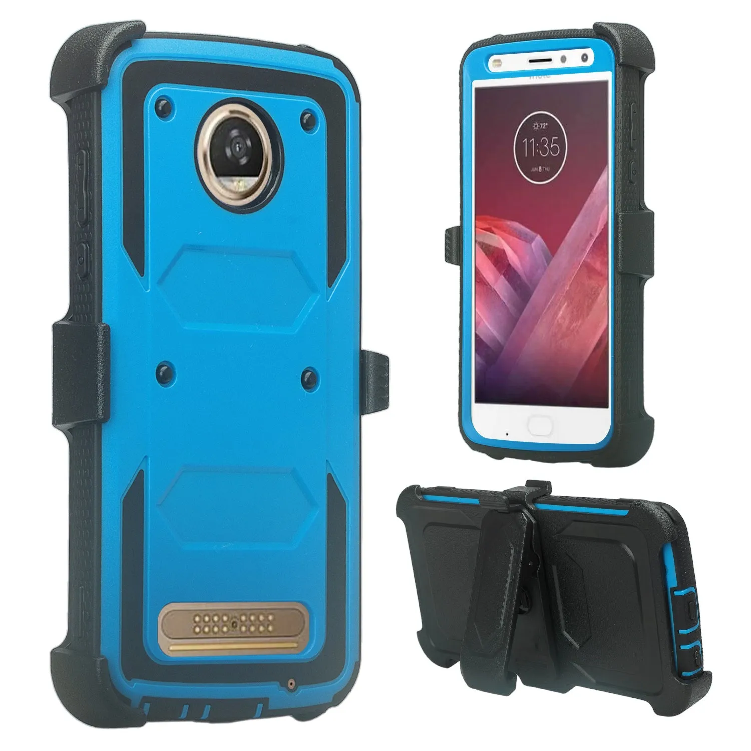Motorola Moto Z2 Play Case,  Triple Protection 3-1 w/ Built in Screen Protector Heavy Duty Holster Shell Combo Case - Blue