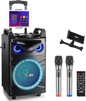 Moukey Karaoke Machine, 12" Woofer PA System, Portable Bluetooth Speaker with 2 Wireless Microphones, Party Lights and Echo/Treb