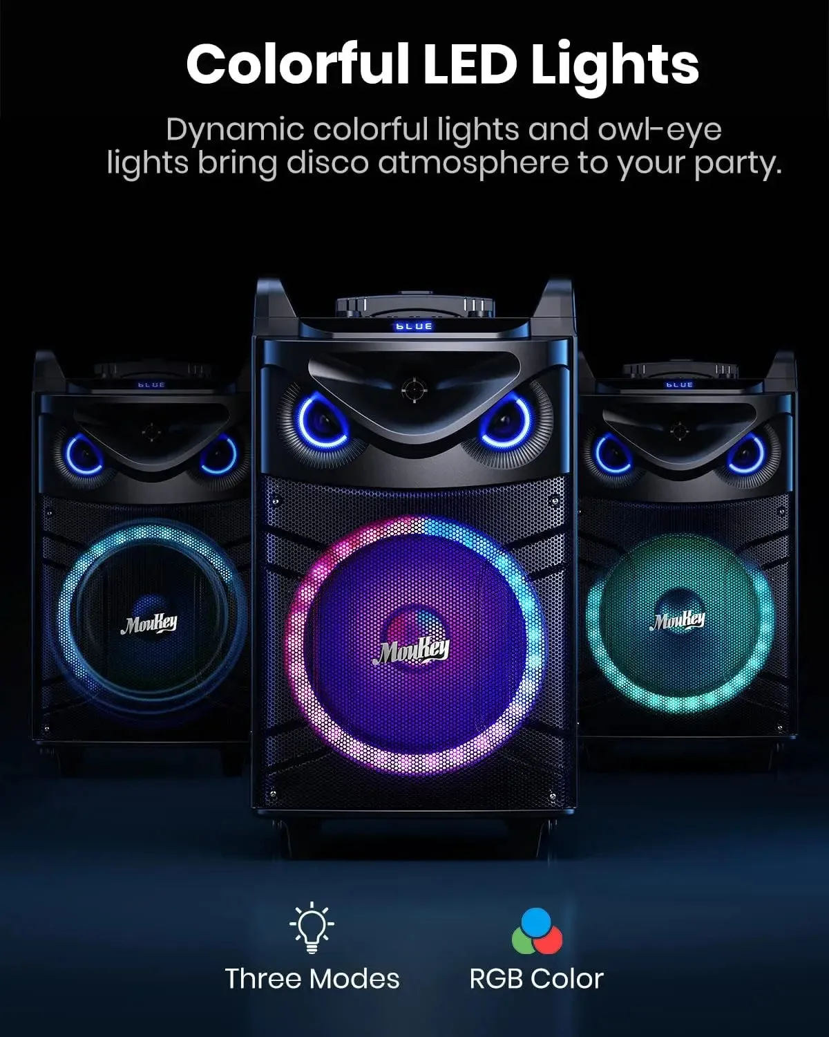 Moukey Karaoke Machine, 12" Woofer PA System, Portable Bluetooth Speaker with 2 Wireless Microphones, Party Lights and Echo/Treb