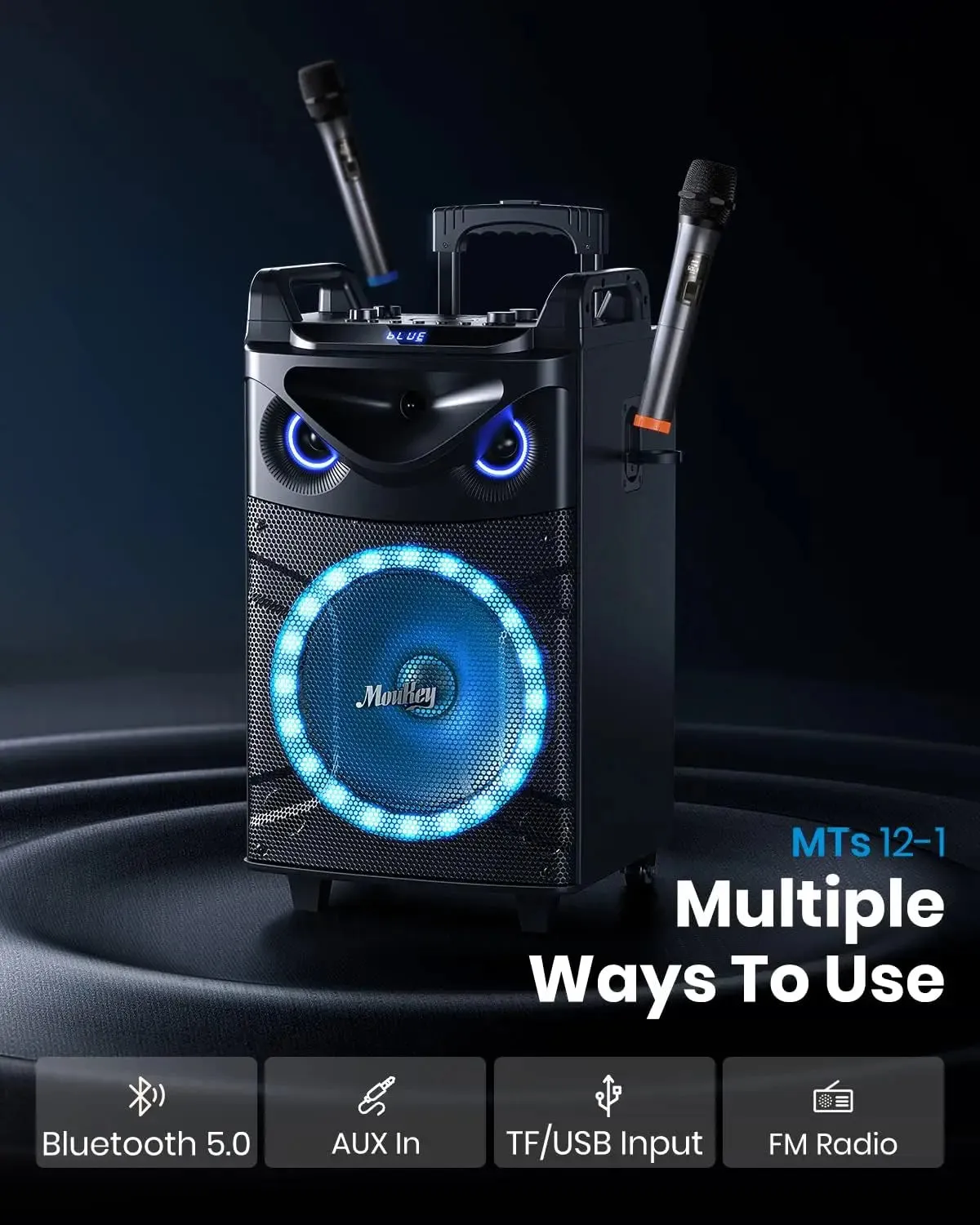 Moukey Karaoke Machine, 12" Woofer PA System, Portable Bluetooth Speaker with 2 Wireless Microphones, Party Lights and Echo/Treb