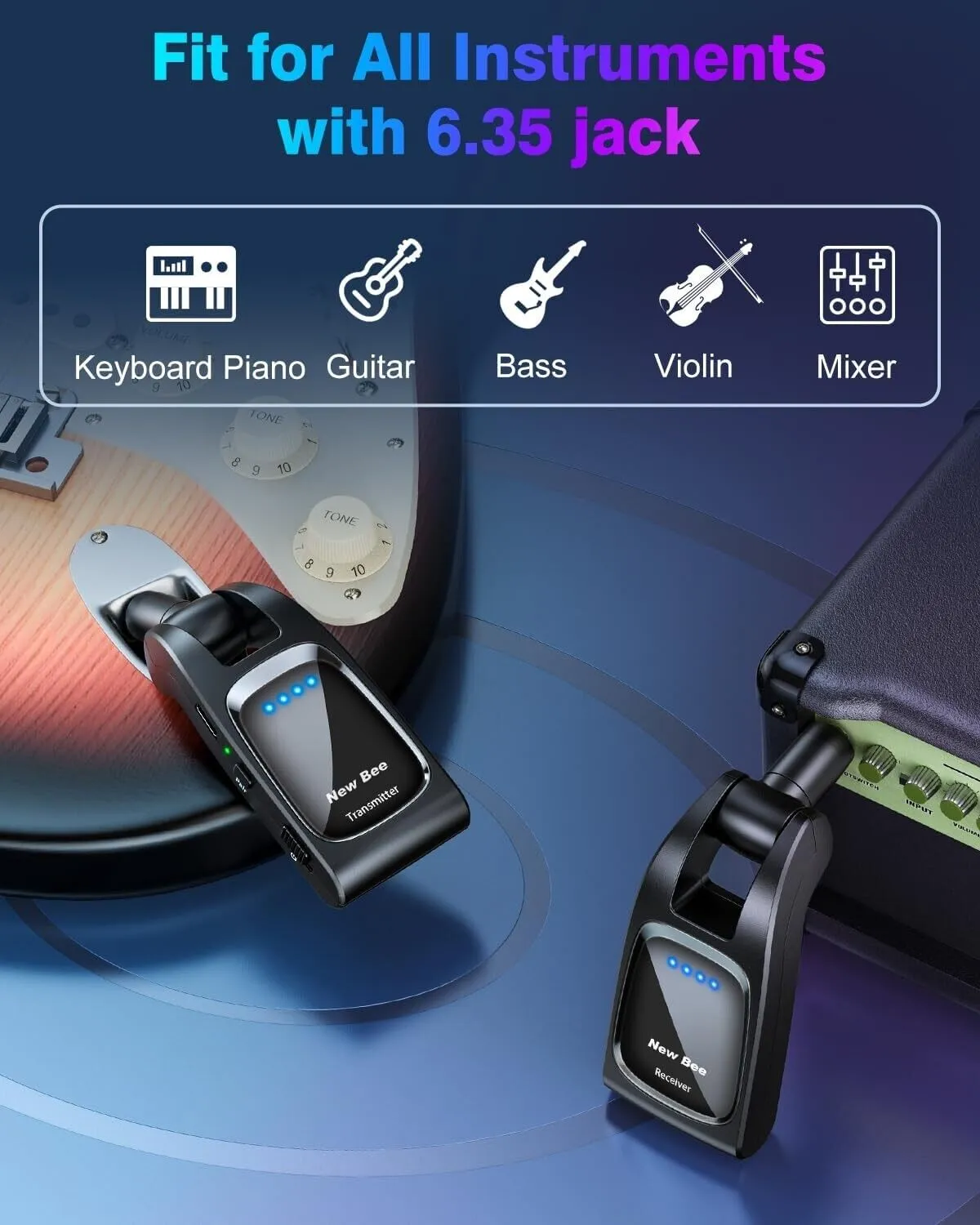 New Bee 2.4GHz Wireless Rechargeable Guitar System with 6 Channels
