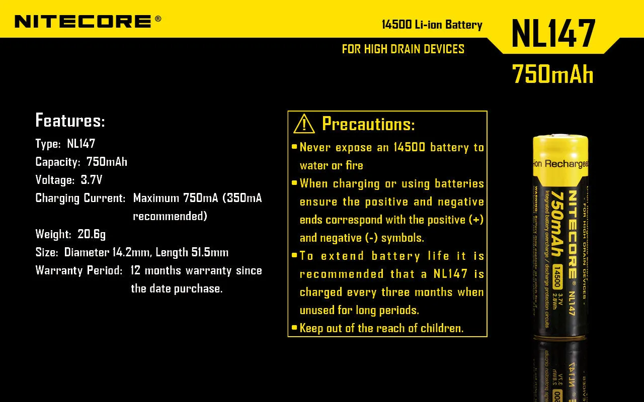 NITECORE NL147 750mAh Protected Li-ion 14500 Rechargeable Battery