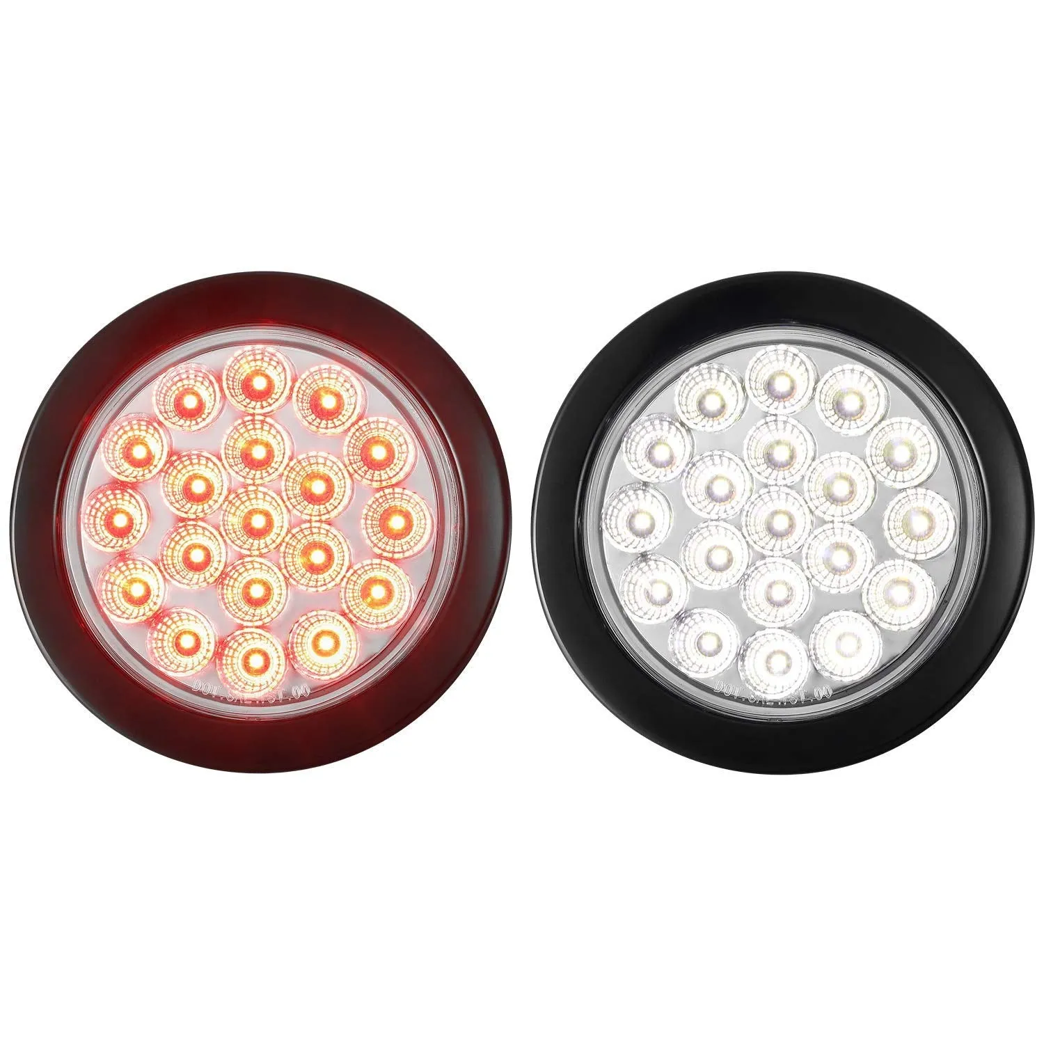 Partsam 2Pcs 4 Inch Round Red Stop Turn Tail Lights and White Backup Lights Kit 19 Diodes w/ Rubber Grommets & 3-Prong Wire Pigtails