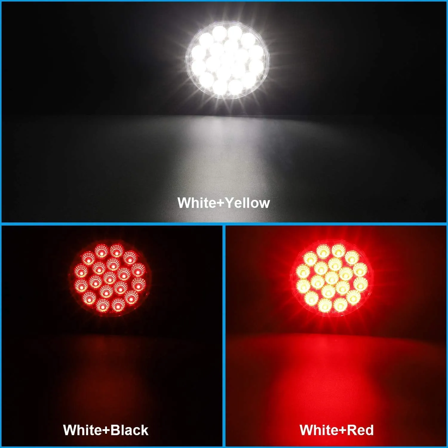 Partsam 2Pcs 4 Inch Round Red Stop Turn Tail Lights and White Backup Lights Kit 19 Diodes w/ Rubber Grommets & 3-Prong Wire Pigtails