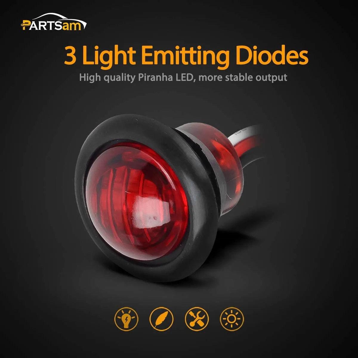 Partsam 5pcs 3/4" Led Side Marker and Clearance Trailer Lights Air Dam Lights 3 wires Red 3 LED Sealed Auxiliary Stop Brake Tail Turn Signal lights Hardwired with Rubber Grommets