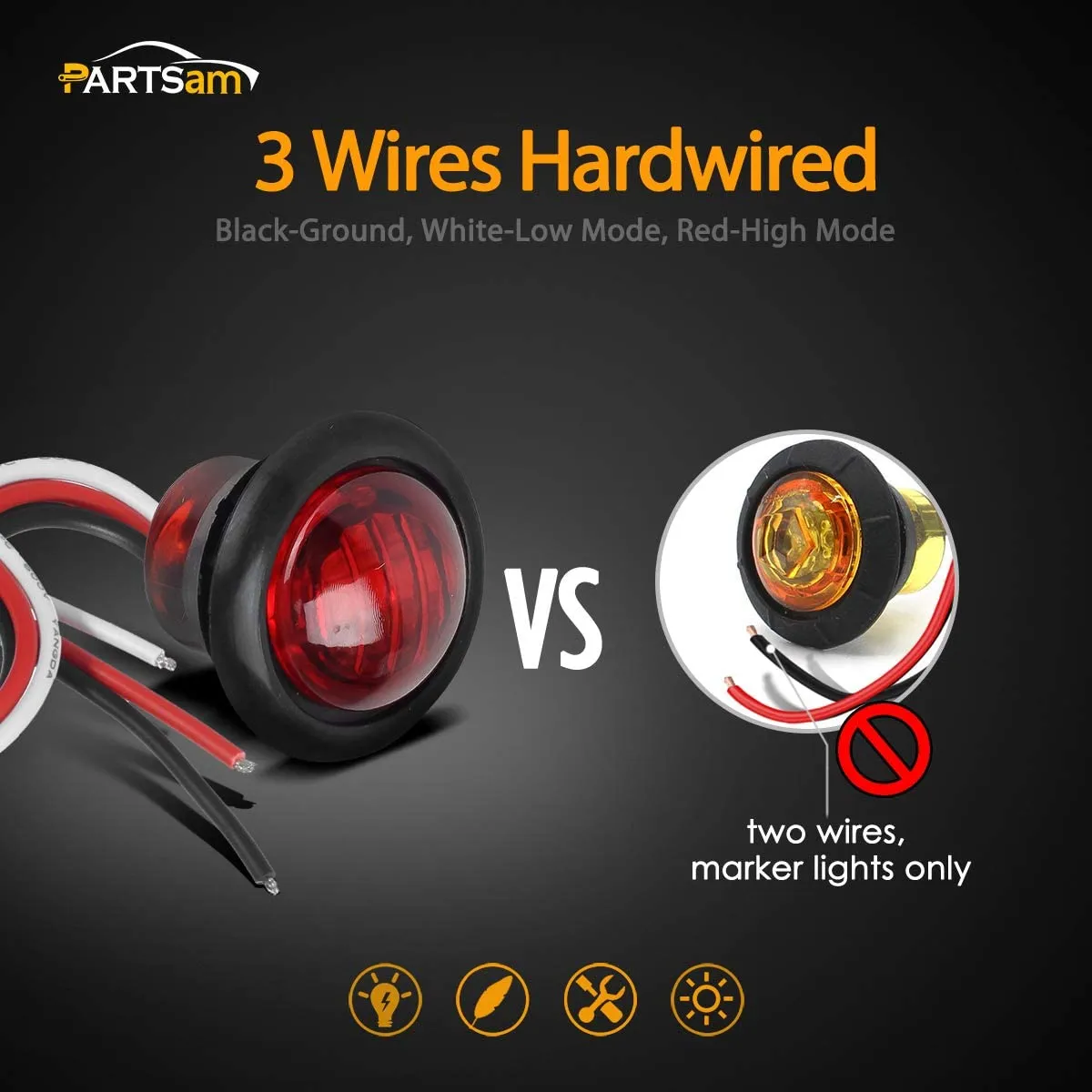 Partsam 5pcs 3/4" Led Side Marker and Clearance Trailer Lights Air Dam Lights 3 wires Red 3 LED Sealed Auxiliary Stop Brake Tail Turn Signal lights Hardwired with Rubber Grommets