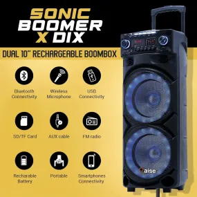 Portable PA System with Wireless Mic - Bluetooth Party Boombox Speaker & Karaoke Machine with Lights, Dual 10” Subwoofer,