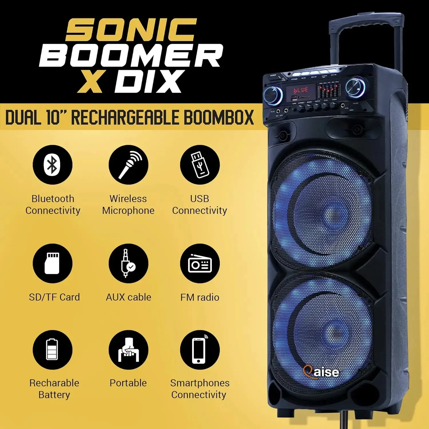 Portable PA System with Wireless Mic - Bluetooth Party Boombox Speaker & Karaoke Machine with Lights, Dual 10” Subwoofer,