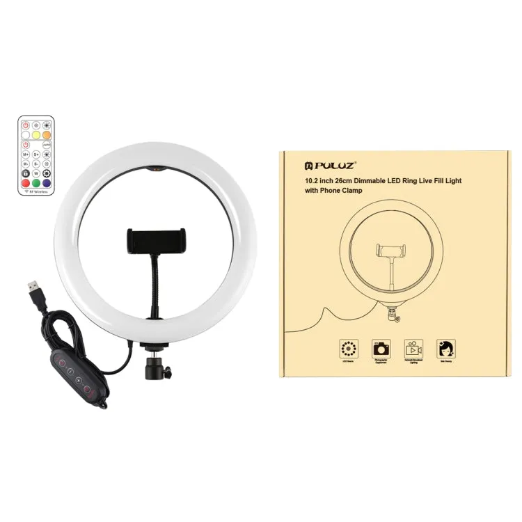 PULUZ 10.2 inch 26cm Curved Surface 168 LED Marquee LED RGBWW Dual-color Temperature Dimmable Ring Vlogging Photography Video Lights with Cold Shoe Tripod Ball Head & Remote Control & Phone Clamp