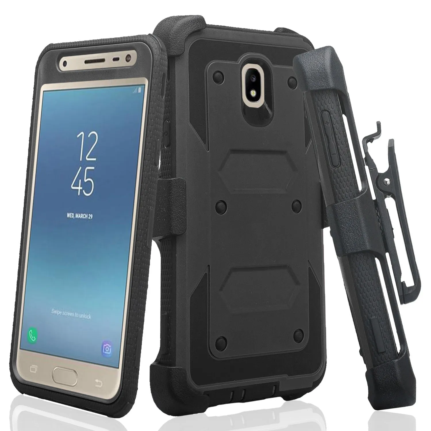 Samsung Galaxy J7 V 2nd Gen/J7 Crown/J7 Top/J7 2018/J7 Star/J7 Achieve/J7 Refine/J7 Aero/J7 Aura Case, Triple Protection 3-1 w/ Built in Screen Protector Heavy Duty Holster Shell Combo Case - Black