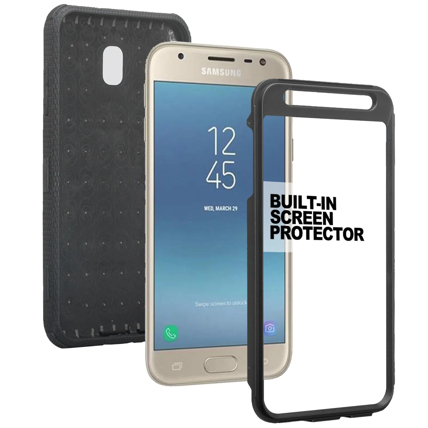 Samsung Galaxy J7 V 2nd Gen/J7 Crown/J7 Top/J7 2018/J7 Star/J7 Achieve/J7 Refine/J7 Aero/J7 Aura Case, Triple Protection 3-1 w/ Built in Screen Protector Heavy Duty Holster Shell Combo Case - Black