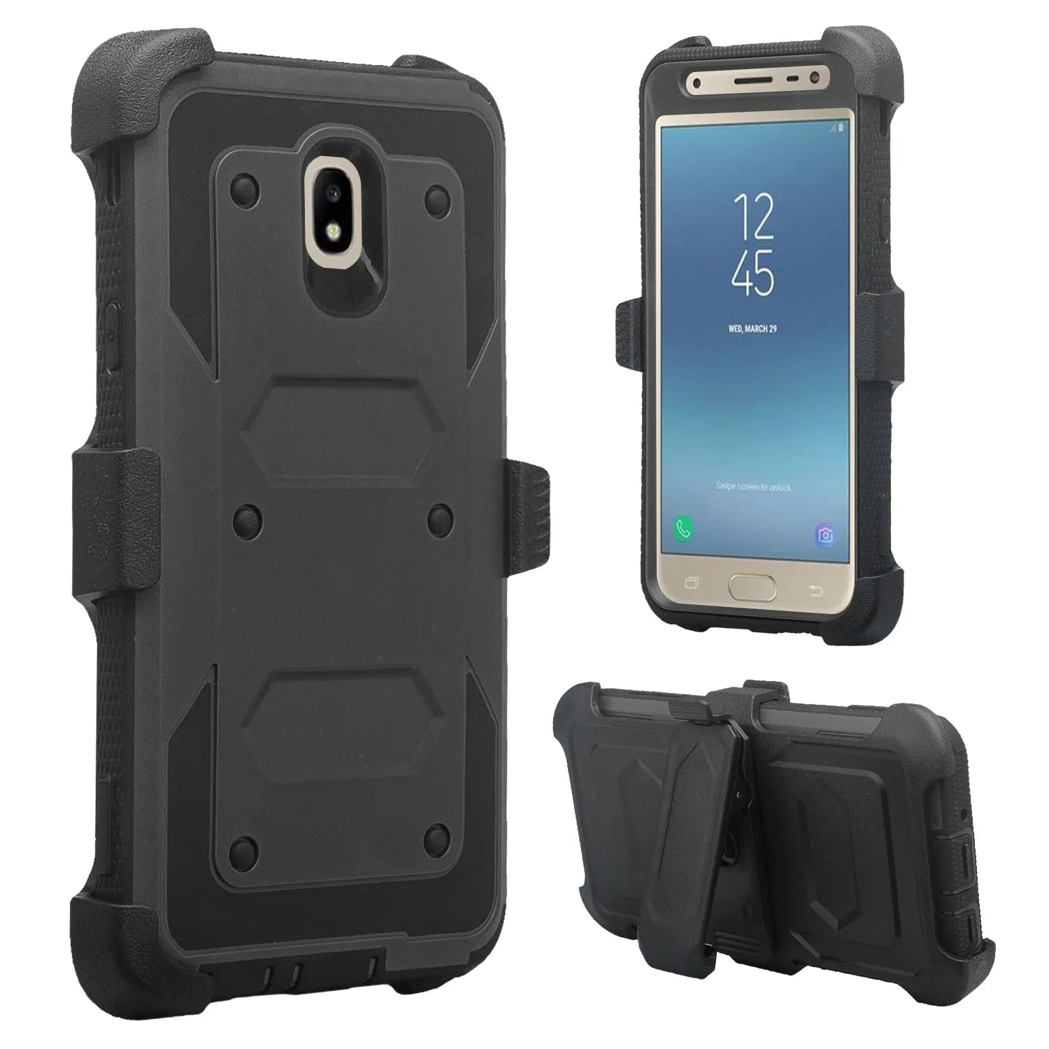 Samsung Galaxy J7 V 2nd Gen/J7 Crown/J7 Top/J7 2018/J7 Star/J7 Achieve/J7 Refine/J7 Aero/J7 Aura Case, Triple Protection 3-1 w/ Built in Screen Protector Heavy Duty Holster Shell Combo Case - Black