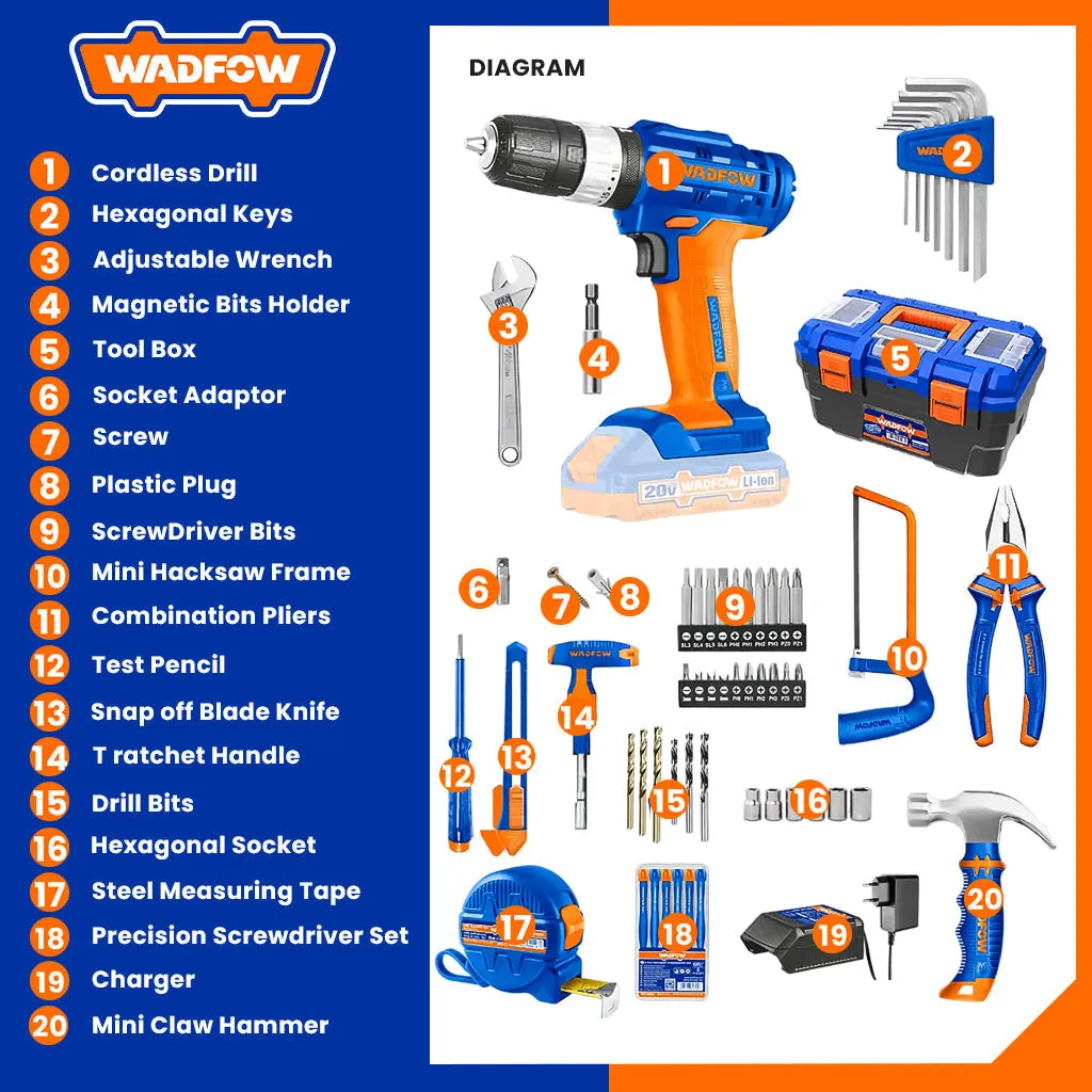 Set of 119 tools including 20V Lithium-ion battery Cordless drill WDT1B119