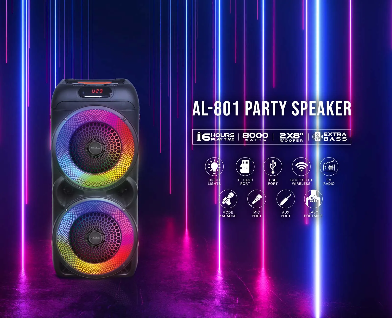 TOPTECH AL-801, 2x8'' Wireless Bluetooth Speaker with 360 HiFi Sound, LED Lights, 8000 Watts