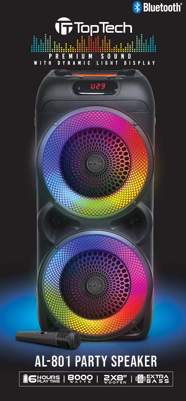 TOPTECH AL-801, 2x8'' Wireless Bluetooth Speaker with 360 HiFi Sound, LED Lights, 8000 Watts