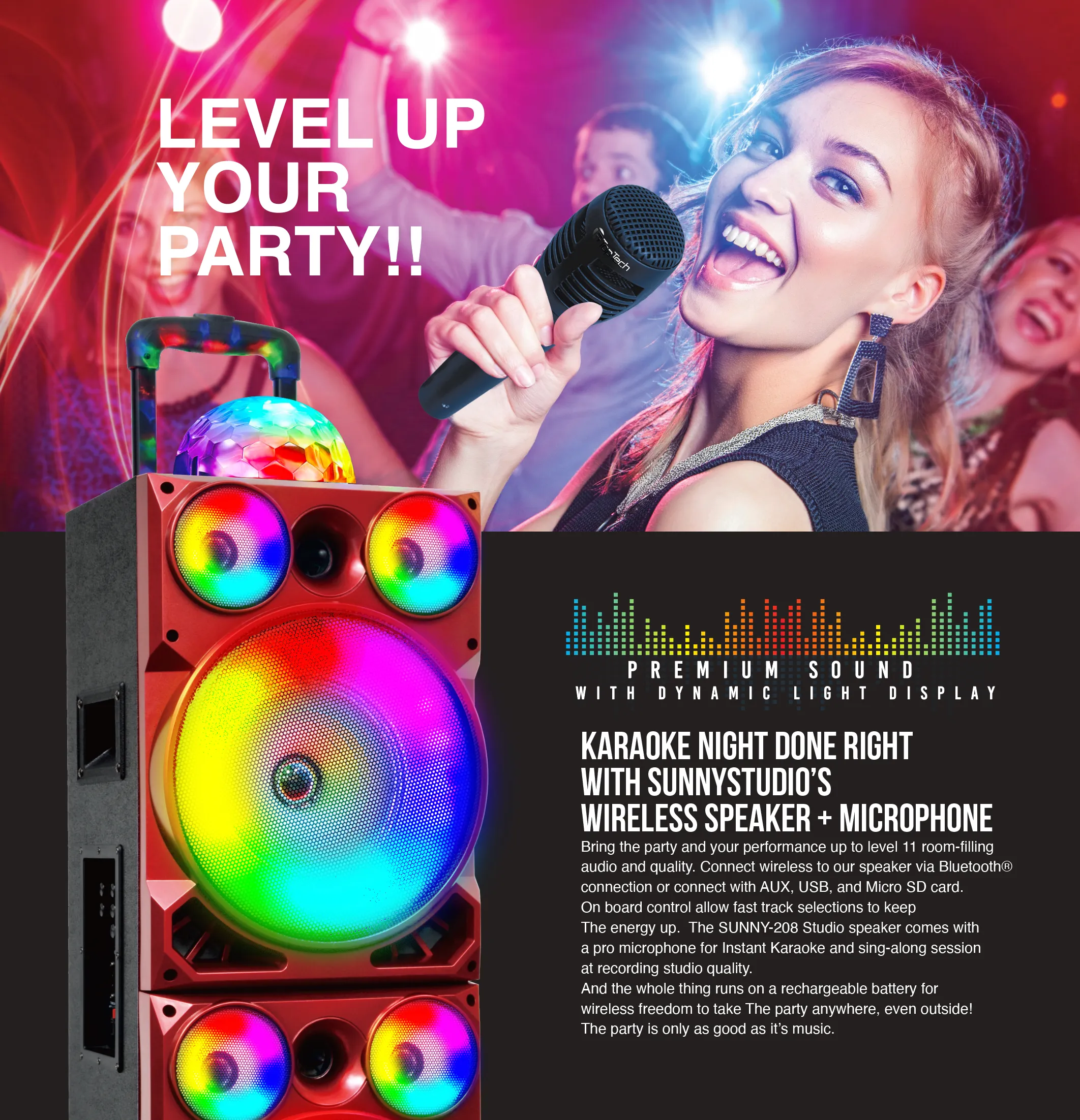 TOPTECH SUNNY-208, 2*28" Woofers Bluetooth Speaker with Disco Lights & Wireless Mic