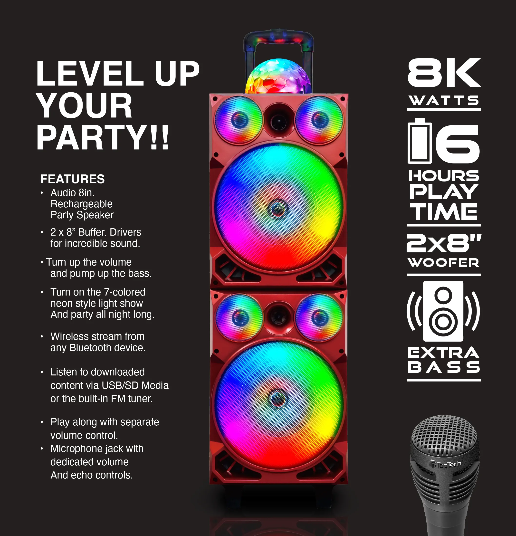 TOPTECH SUNNY-208, 2*28" Woofers Bluetooth Speaker with Disco Lights & Wireless Mic