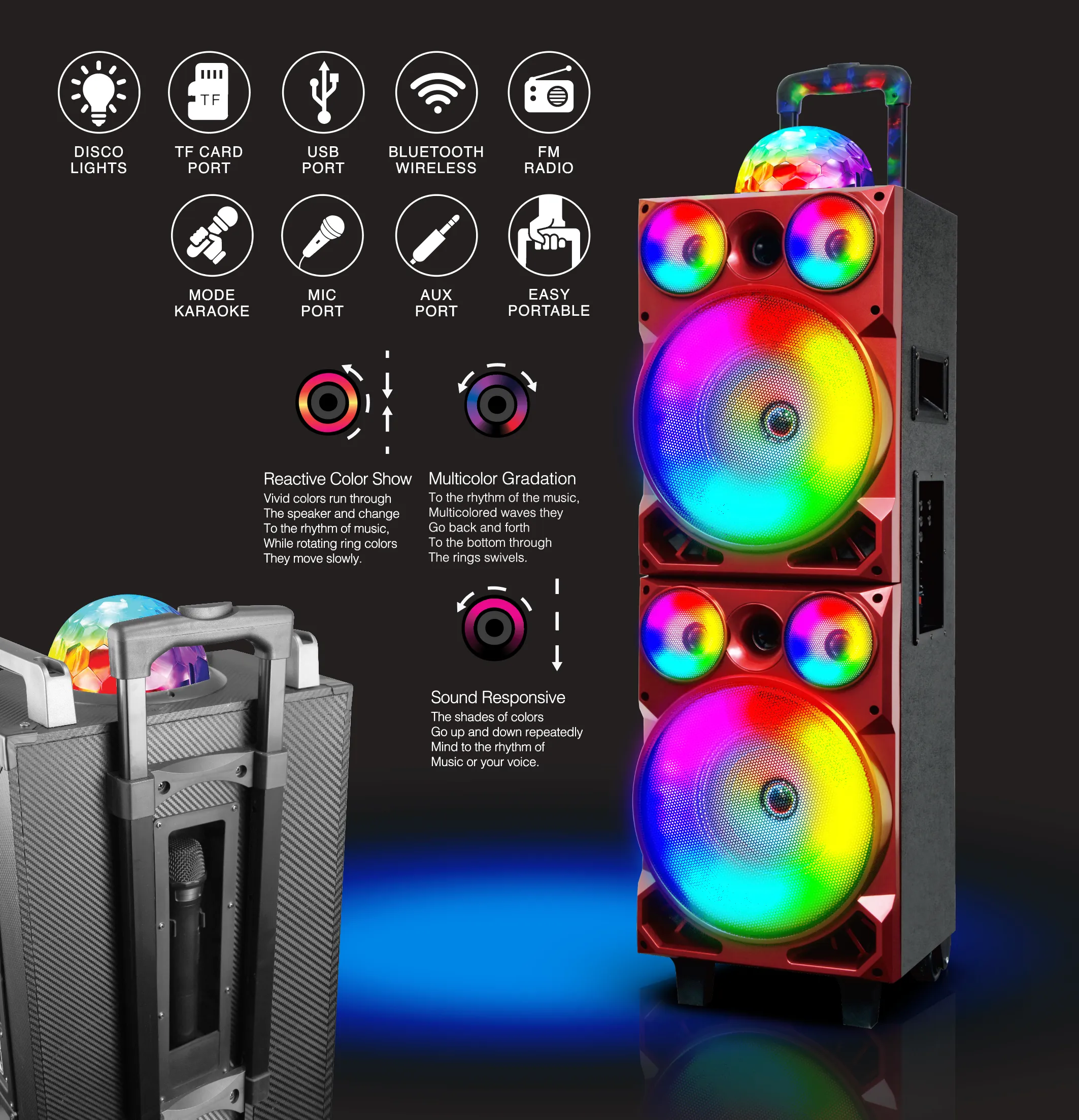 TOPTECH SUNNY-208, 2*28" Woofers Bluetooth Speaker with Disco Lights & Wireless Mic