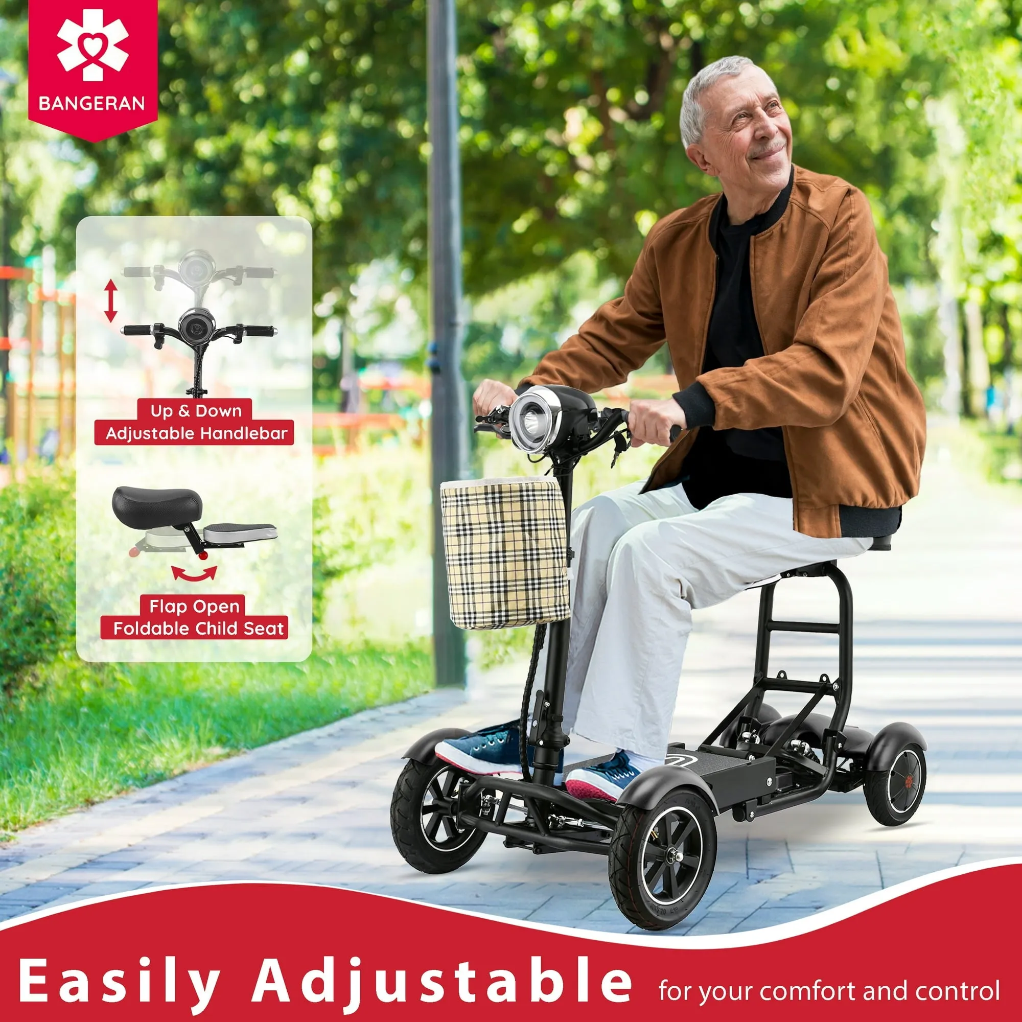 Upgraded Smart Electric Power Scooter, 4 Wheels Portable Foldable Travel Design, Extra Flap Open Child Seat - Matte Black