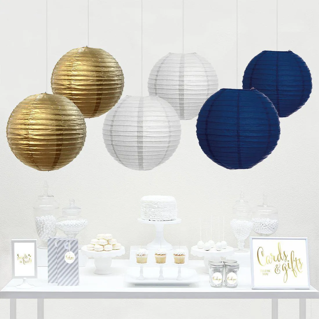 White, Gold, Navy Blue Hanging Paper Lanterns Decorative Kit