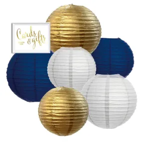 White, Gold, Navy Blue Hanging Paper Lanterns Decorative Kit