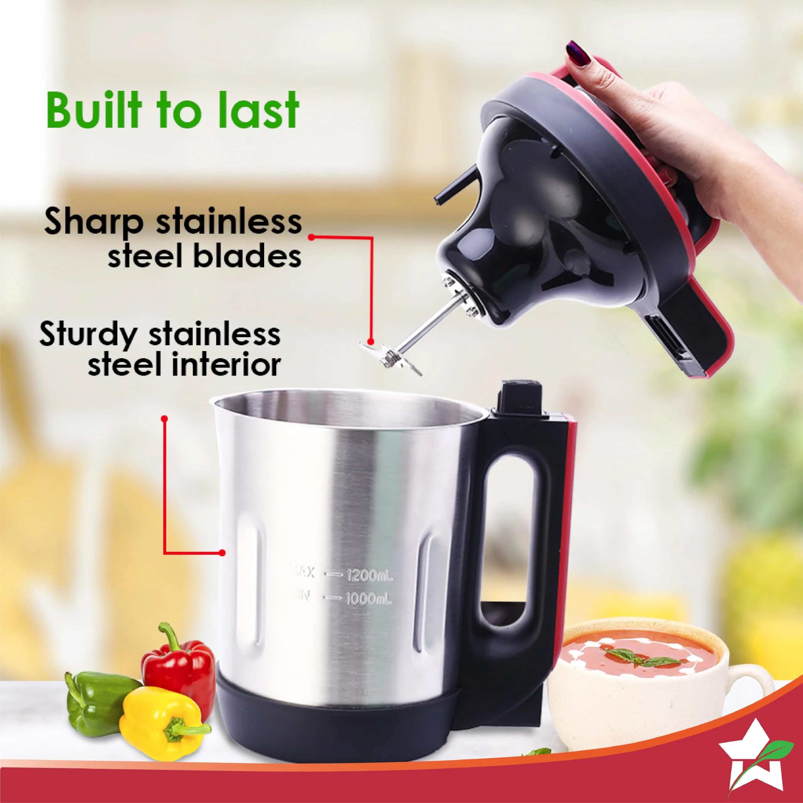 Wonderchef NEO Automatic Soup Maker | 1.0 Litre | 800W Heater | SS Blades & Bowl (Jug) | Soup in just 20 mins | 2 Years Warranty | Red & Black